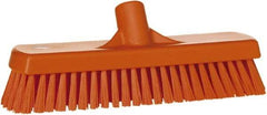 Vikan - 1.7" Bristle Length, Polyester Scrub Brush - 11-1/4" Long x 3" Wide Head, 12" OAL, European Threaded Handle, Orange, Polypropylene Block - Exact Tool & Supply