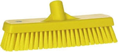 Vikan - 1.7" Bristle Length, Polyester Scrub Brush - 11-1/4" Long x 3" Wide Head, 12" OAL, European Threaded Handle, Yellow, Polypropylene Block - Exact Tool & Supply