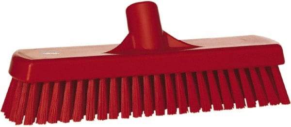 Vikan - 1.7" Bristle Length, Polyester Scrub Brush - 11-1/4" Long x 3" Wide Head, 12" OAL, European Threaded Handle, Red, Polypropylene Block - Exact Tool & Supply