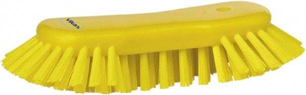Vikan - 1.3" Bristle Length, Polyester Utility Scrub Brush - 7-3/4" Long x 3" Wide Head, 8" OAL, European Threaded Handle, Yellow, Polypropylene Block - Exact Tool & Supply