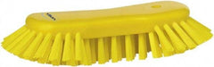 Vikan - 1.3" Bristle Length, Polyester Utility Scrub Brush - 7-3/4" Long x 3" Wide Head, 8" OAL, European Threaded Handle, Yellow, Polypropylene Block - Exact Tool & Supply