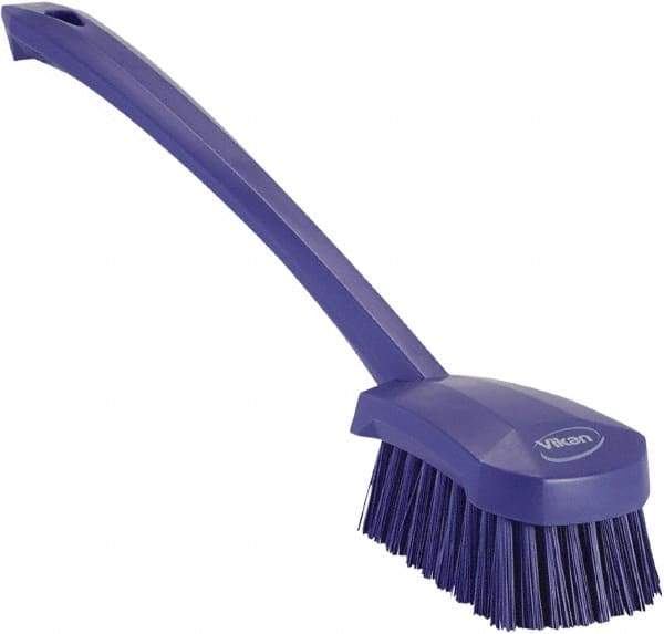 Vikan - 1.3" Bristle Length, Polyester Scrub Brush - 4" Long x 2-3/4" Wide Head, 15-3/4" OAL, Purple, Polypropylene Block - Exact Tool & Supply