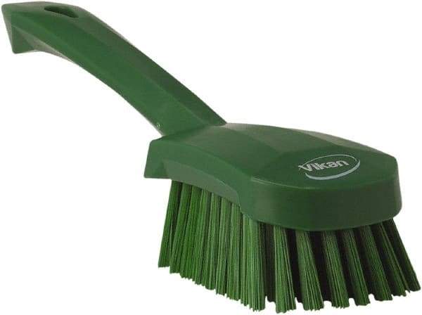 Vikan - 1.3" Bristle Length, Polyester Scrub Brush - 4-1/4" Long x 2-3/4" Wide Head, 10" OAL, Green, Polypropylene Block - Exact Tool & Supply