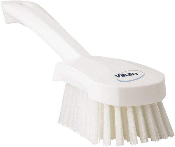 Vikan - 1.3" Bristle Length, Polyester Scrub Brush - 4-1/4" Long x 2-3/4" Wide Head, 10" OAL, White, Polypropylene Block - Exact Tool & Supply