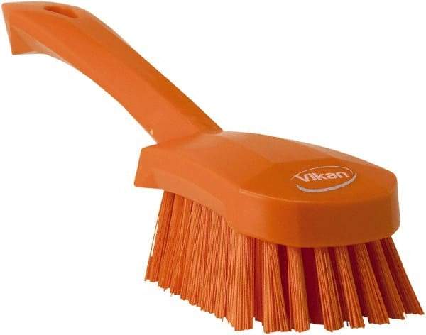 Vikan - 1.3" Bristle Length, Polyester Scrub Brush - 4-1/4" Long x 2-3/4" Wide Head, 10" OAL, Orange, Polypropylene Block - Exact Tool & Supply