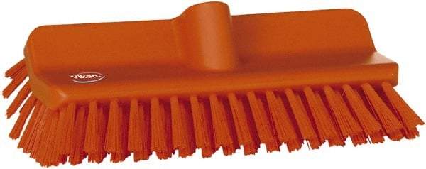 Vikan - 1-1/2" Bristle Length, Polyester Cleaning & Finishing Brush - 9-5/8" Long x 5" Wide Head, 10" OAL, European Threaded Handle, Orange, Polypropylene Block - Exact Tool & Supply