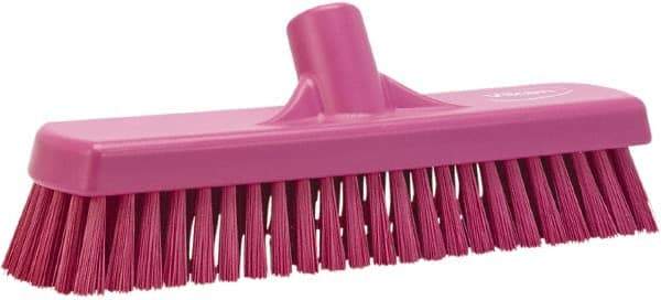 Vikan - 1.7" Bristle Length, Polyester Scrub Brush - 11-1/4" Long x 3" Wide Head, 12" OAL, European Threaded Handle, Pink, Polypropylene Block - Exact Tool & Supply