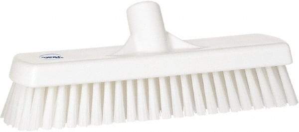 Vikan - 1.7" Bristle Length, Polyester Scrub Brush - 11-1/4" Long x 3" Wide Head, 12" OAL, European Threaded Handle, White, Polypropylene Block - Exact Tool & Supply