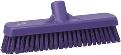 Vikan - 1.7" Bristle Length, Polyester Scrub Brush - 11-1/4" Long x 3" Wide Head, 12" OAL, European Threaded Handle, Purple, Polypropylene Block - Exact Tool & Supply