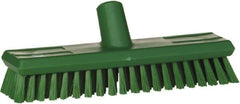 Vikan - 1.3" Bristle Length, Polyester Scrub Brush - 10-3/4" Long x 2-1/2" Wide Head, 11" OAL, European Threaded Handle, Green, Polypropylene Block - Exact Tool & Supply