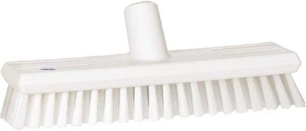 Vikan - 1.3" Bristle Length, Polyester Scrub Brush - 10-3/4" Long x 2-1/2" Wide Head, 11" OAL, European Threaded Handle, White, Polypropylene Block - Exact Tool & Supply