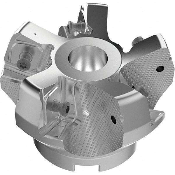 Seco - 80mm Cut Diam, 27mm Arbor Hole, 11mm Max Depth of Cut, 71° Indexable Chamfer & Angle Face Mill - 5 Inserts, 63 Insert, Right Hand Cut, 5 Flutes, Through Coolant, Series R220.56 - Exact Tool & Supply