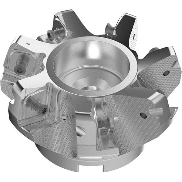 Seco - 100mm Cut Diam, 32mm Arbor Hole, 11mm Max Depth of Cut, 71° Indexable Chamfer & Angle Face Mill - 7 Inserts, 63 Insert, Right Hand Cut, 7 Flutes, Through Coolant, Series R220.56 - Exact Tool & Supply