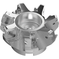 Seco - 100mm Cut Diam, 32mm Arbor Hole, 11mm Max Depth of Cut, 71° Indexable Chamfer & Angle Face Mill - 7 Inserts, 63 Insert, Right Hand Cut, 7 Flutes, Through Coolant, Series R220.56 - Exact Tool & Supply