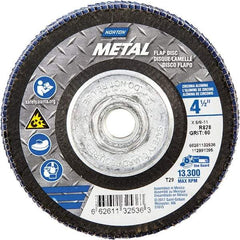 Norton - 60 Grit, 4-1/2" Disc Diam, 5/8-11 Center Hole, Type 29 Zirconia Alumina Flap Disc - 13,300 Max RPM, Fiberglass Backing, Arbor Attaching System, Coated - Exact Tool & Supply