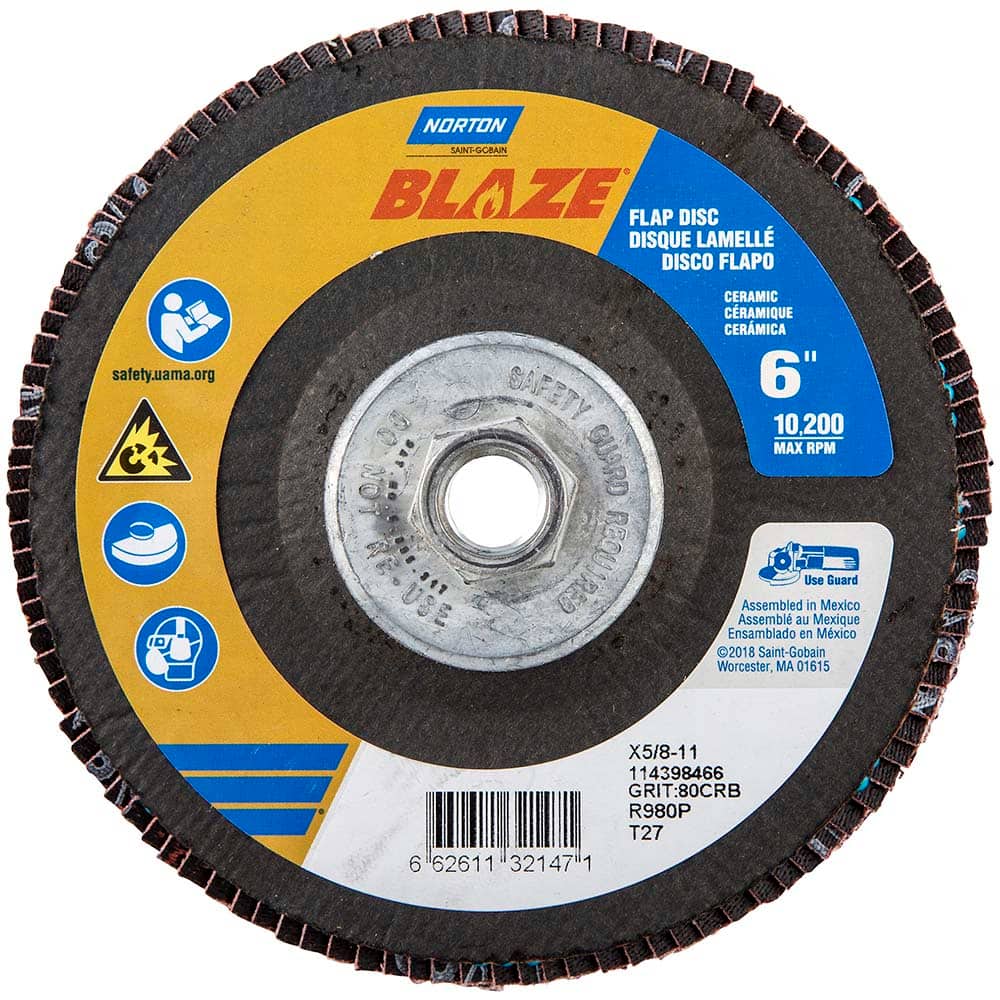 Norton - 6" 80 Grit 5/8-11 Center Hole Type 27 Ceramic Alumina Flap Disc - Exact Tool & Supply