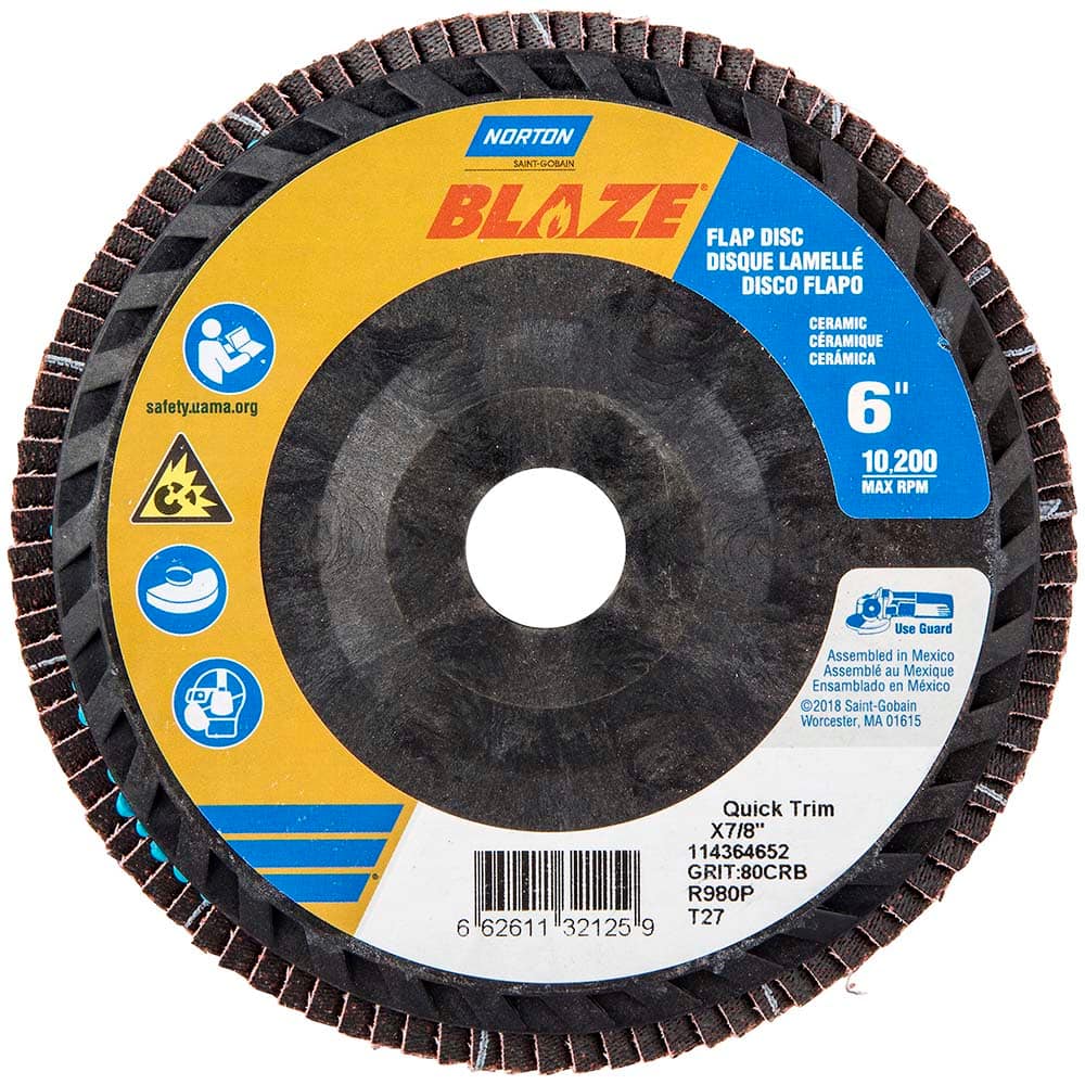 Norton - 6" 80 Grit 7/8" Center Hole Type 27 Ceramic Alumina Flap Disc - Exact Tool & Supply