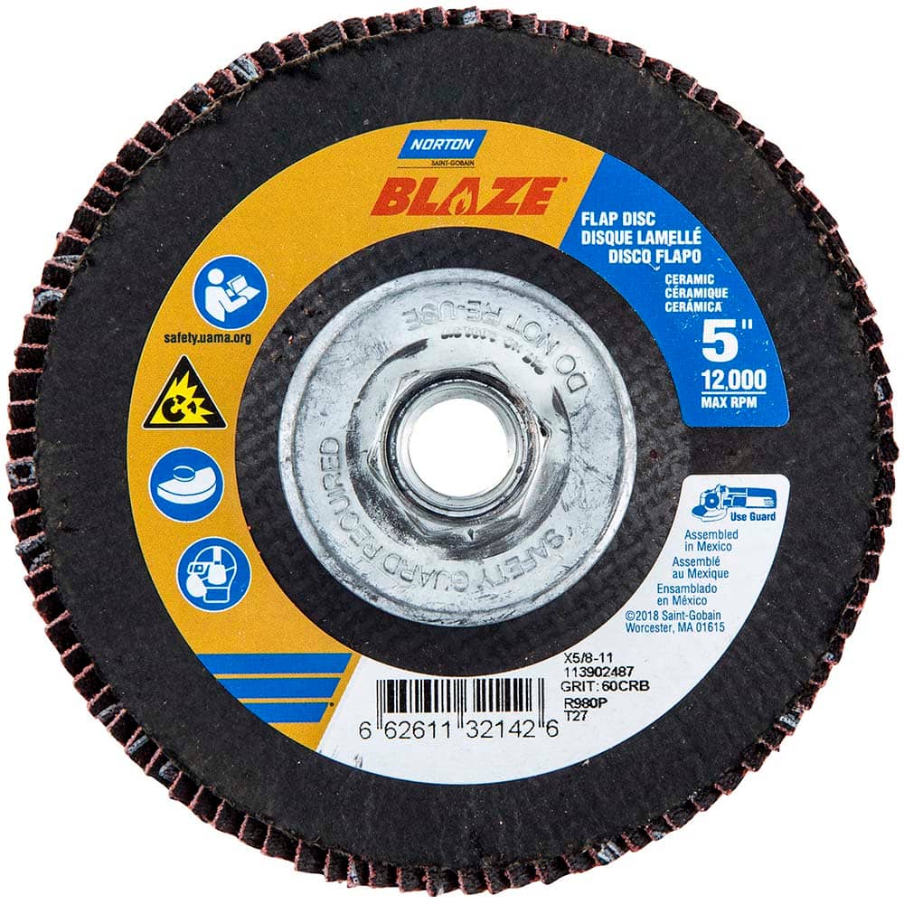 Norton - 5" 60 Grit 5/8-11 Center Hole Type 27 Ceramic Alumina Flap Disc - Exact Tool & Supply