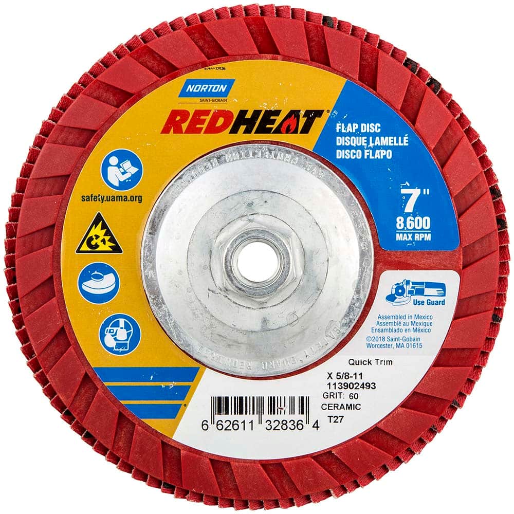 Norton - 7" 60 Grit 5/8-11 Center Hole Type 27 Ceramic Alumina Flap Disc - Exact Tool & Supply