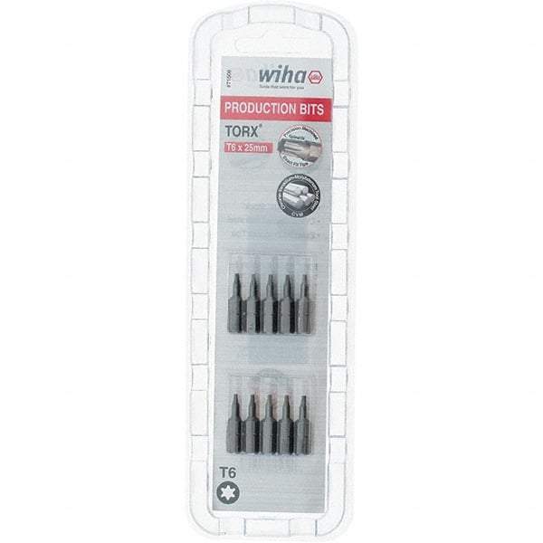 Wiha - 1/4" Drive T6 Torx Screwdriver Bit - 1" OAL, Insert Bit - Exact Tool & Supply