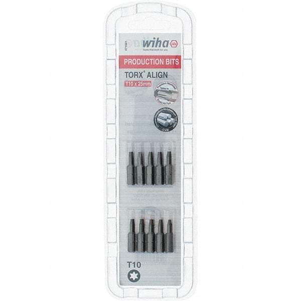 Wiha - 1/4" Drive T10 Torx Screwdriver Bit - 1" OAL, Insert Bit - Exact Tool & Supply