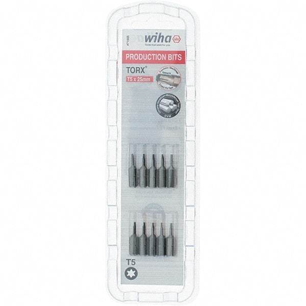 Wiha - 1/4" Drive T5 Torx Screwdriver Bit - 1" OAL, Insert Bit - Exact Tool & Supply