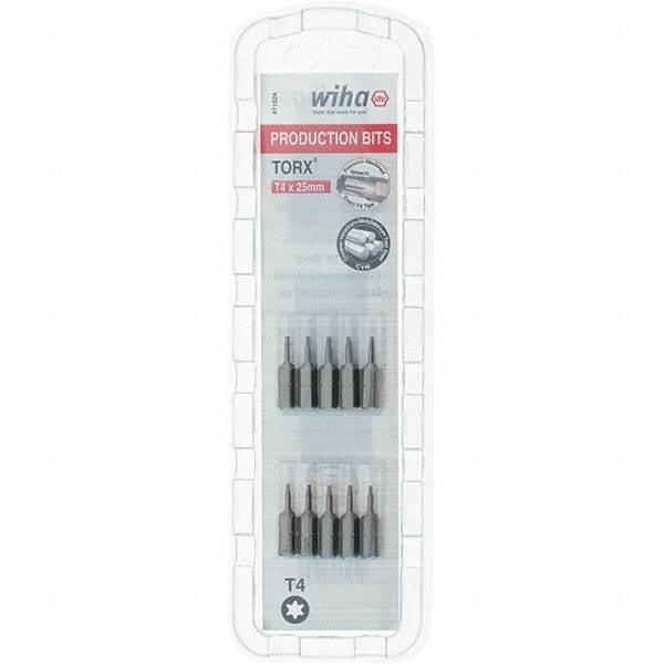 Wiha - 1/4" Drive T4 Torx Screwdriver Bit - 1" OAL, Insert Bit - Exact Tool & Supply