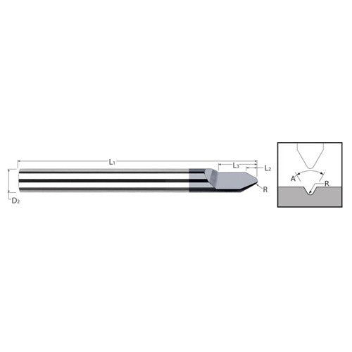 Engraving Cutters - 0.1250″ (1/8″) Shank Diameter × 0.0025″ Radius × 90° included Carbide Radius Engraver, 1 Flute, Amorphous Diamond Coated - Exact Tool & Supply