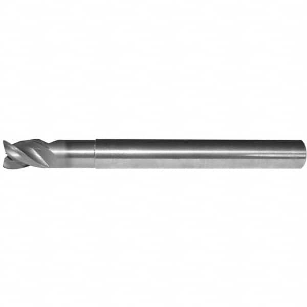 Corner Radius End Mill: 0.4724″ Dia, 0.7087″ LOC, 0.1575″ Radius, 3 Flutes, Solid Carbide 38 ° Helix, Bright/Uncoated, Corner Radius End, Series ABDE