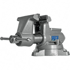 Wilton - 5-1/2" Jaw Width, 5" Opening Capacity, 3-5/8" Throat Depth, Iron Swivel Bench Vise - Double Lockdown Base Attachment, Anvil, 17-45/64" Long x 10-39/64" Wide x 8-13/32" High - Exact Tool & Supply