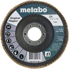 Metabo - 60 Grit, 4-1/2" Disc Diam, 7/8" Center Hole, Type 27 Zirconia Alumina Flap Disc - 13,300 Max RPM, Fiberglass Backing, Arbor Attaching System, Coated - Exact Tool & Supply