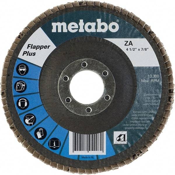 Metabo - 60 Grit, 4-1/2" Disc Diam, 7/8" Center Hole, Type 27 Zirconia Alumina Flap Disc - 13,300 Max RPM, Fiberglass Backing, Arbor Attaching System, Coated - Exact Tool & Supply