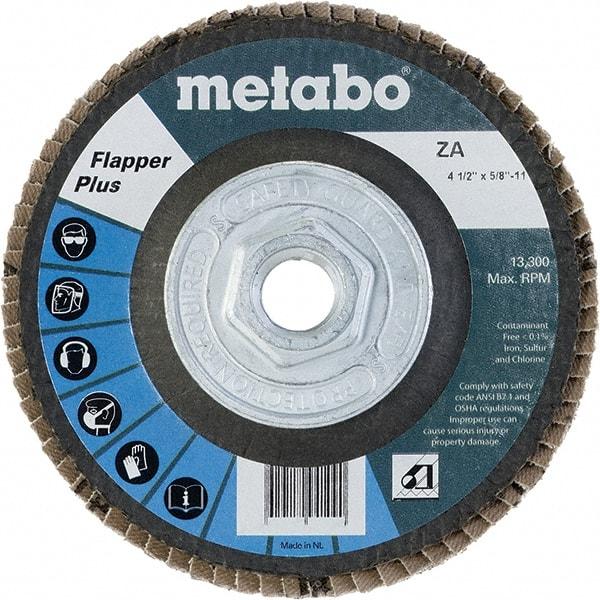 Metabo - 40 Grit, 4-1/2" Disc Diam, 5/8-11 Center Hole, Type 27 Zirconia Alumina Flap Disc - 13,300 Max RPM, Fiberglass Backing, Arbor Attaching System, Coated - Exact Tool & Supply