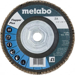 Metabo - 60 Grit, 4-1/2" Disc Diam, 5/8-11 Center Hole, Type 29 Zirconia Alumina Flap Disc - 13,300 Max RPM, Fiberglass Backing, Arbor Attaching System, Coated - Exact Tool & Supply