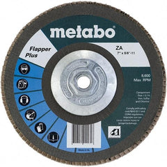 Metabo - 80 Grit, 7" Disc Diam, 5/8-11 Center Hole, Type 29 Zirconia Alumina Flap Disc - 8,600 Max RPM, Fiberglass Backing, Arbor Attaching System, Coated - Exact Tool & Supply