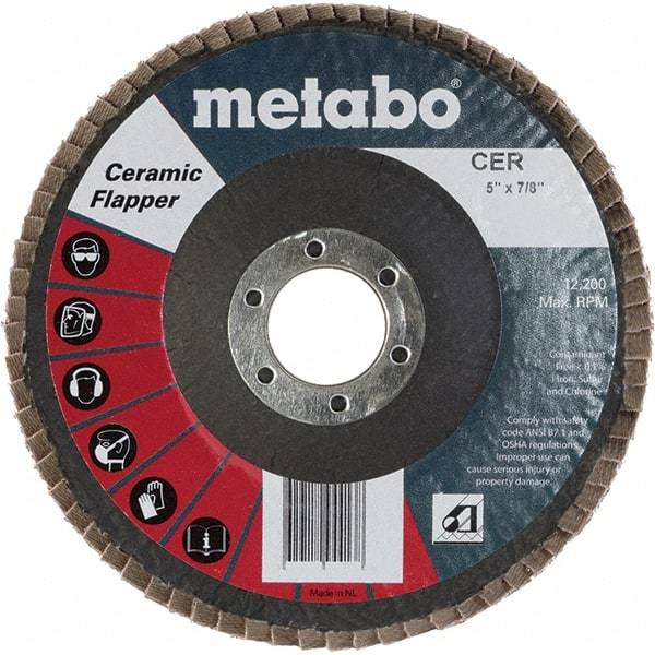 Metabo - 60 Grit, 5" Disc Diam, 7/8" Center Hole, Type 29 Ceramic Flap Disc - 12,200 Max RPM, Fiberglass Backing, Arbor Attaching System, Coated - Exact Tool & Supply