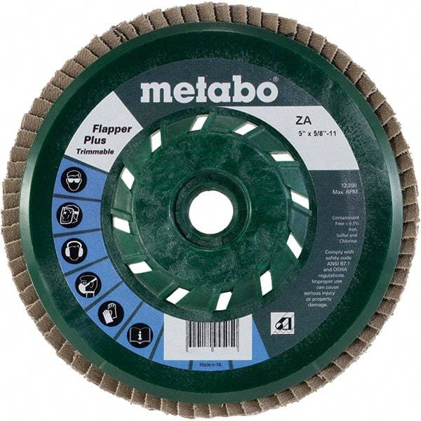 Metabo - 80 Grit, 5" Disc Diam, 5/8-11 Center Hole, Type 29 Zirconia Alumina Flap Disc - 12,200 Max RPM, Plastic Backing, Arbor Attaching System, Coated - Exact Tool & Supply