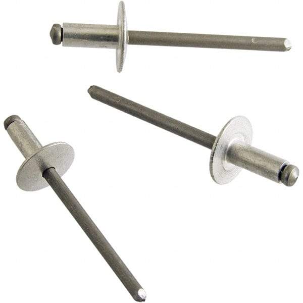 STANLEY Engineered Fastening - Size 4 Large Flange Head Aluminum Open End Blind Rivet - Steel Mandrel, 0.126" to 0.187" Grip, 1/8" Head Diam, 0.129" to 0.133" Hole Diam, 0.078" Body Diam - Exact Tool & Supply