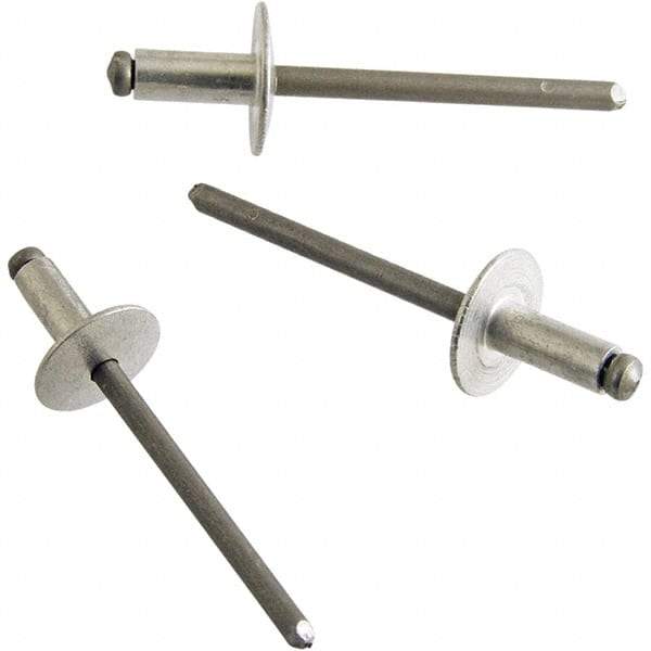 STANLEY Engineered Fastening - Size 6 Dome Head Aluminum Open End Blind Rivet - Steel Mandrel, 0.501" to 5/8" Grip, 3/16" Head Diam, 0.192" to 0.196" Hole Diam, 0.116" Body Diam - Exact Tool & Supply