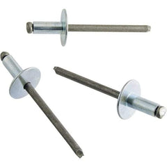 STANLEY Engineered Fastening - Size 6 Large Flange Head Steel Open End Blind Rivet - Steel Mandrel, 0.501" to 5/8" Grip, 3/16" Head Diam, 0.192" to 0.196" Hole Diam, 0.116" Body Diam - Exact Tool & Supply