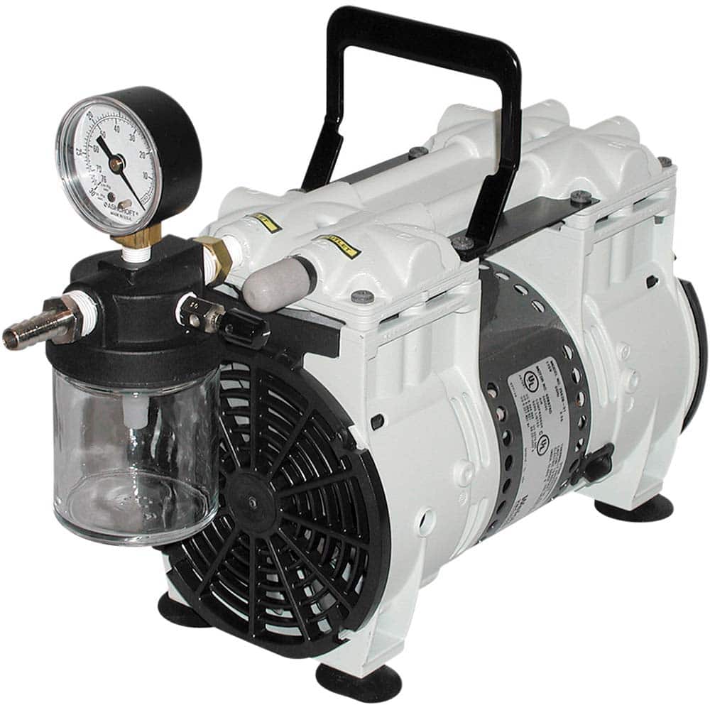 Welch - Piston-Type Vacuum Pumps; Horsepower: 0.125 ; Cubic Feet per Minute: 0.80 ; Vacuum Pressure (In/Hg): 60.00 ; Voltage: 115V ; Height (Inch): 10 ; Length (Inch): 8.1 - Exact Tool & Supply