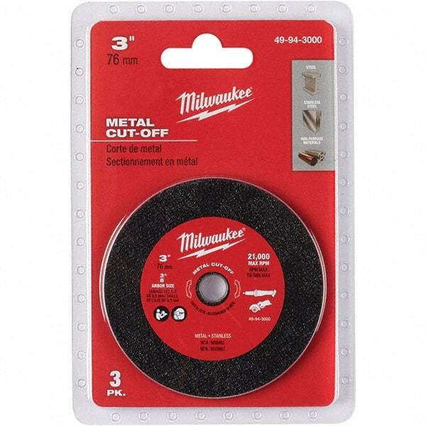 Milwaukee Tool - 3" 60 Grit Aluminum Oxide Cutoff Wheel - 3/64" Thick, 3/8" Arbor, 20,000 Max RPM, Use with Die & Angle Grinders & Circular Saws - Exact Tool & Supply