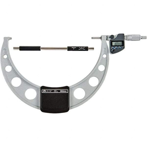 Mitutoyo - 9 to 10" Range, 0.00005" Resolution, Standard Throat IP65 Electronic Outside Micrometer - 0.0002" Accuracy, Ratchet Stop Thimble, Carbide-Tipped Face, SR44 Battery - Exact Tool & Supply