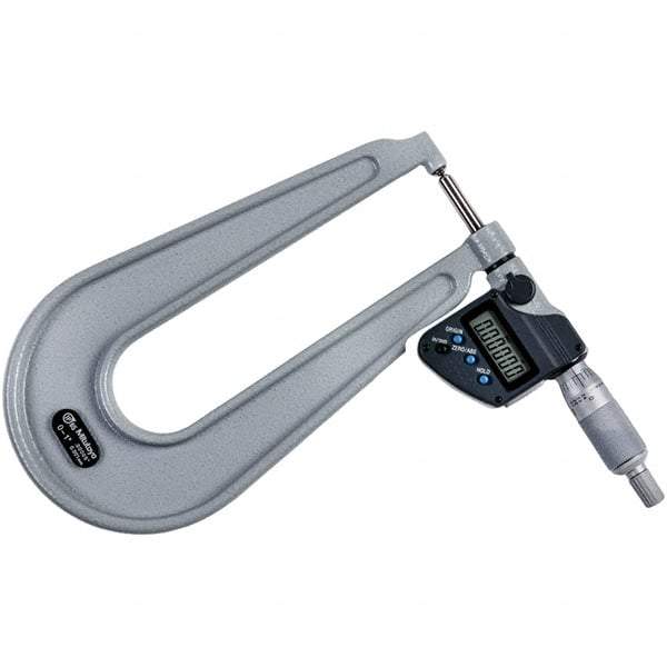 Mitutoyo - 0 to 1" Range, 0.00005" Resolution, Deep Throat IP65 Electronic Outside Micrometer - 0.0002" Accuracy, Ratchet Stop Thimble, Carbide-Tipped Face, SR44 Battery - Exact Tool & Supply