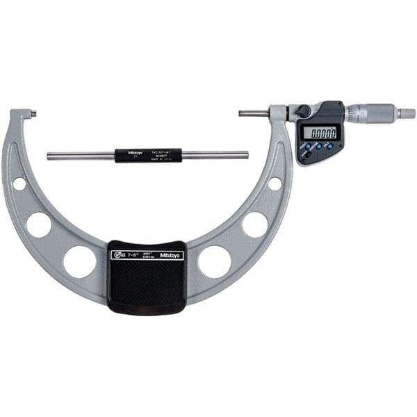 Mitutoyo - 7 to 8" Range, 0.0001" Resolution, Standard Throat IP65 Electronic Outside Micrometer - 0.00015" Accuracy, Ratchet Stop Thimble, Carbide-Tipped Face, SR44 Battery - Exact Tool & Supply