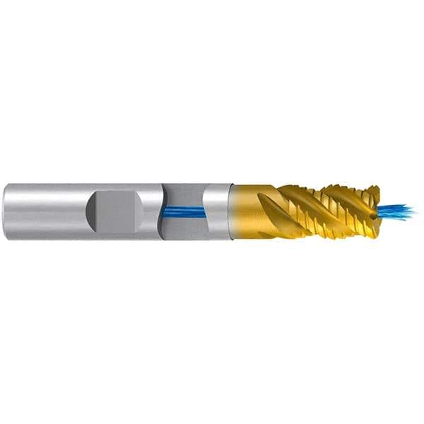 Emuge - 16mm Diam, 22mm LOC, 4 Flute Solid Carbide Roughing & Finishing End Mill - TiN/TiAlN Finish, 82mm OAL, 16mm Shank Diam, Weldon Shank, 45° Helix, Stub Length - Exact Tool & Supply