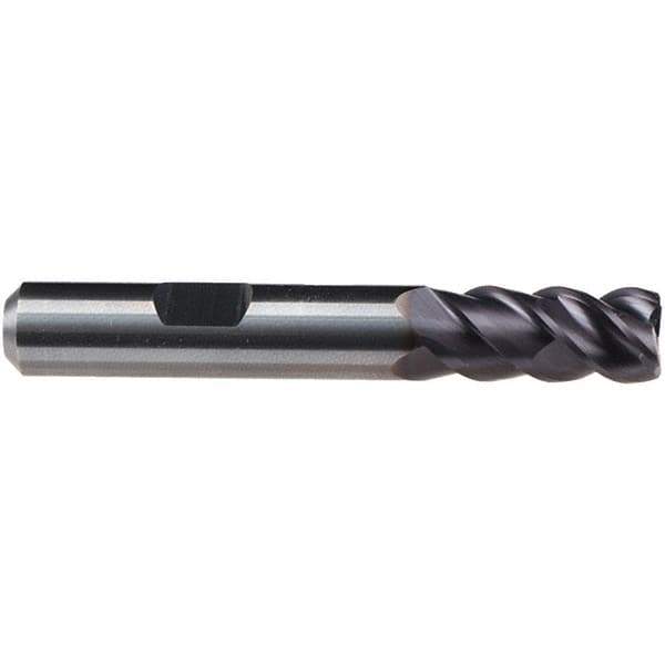 Emuge - 4mm Diam, 11mm LOC, 4 Flute Solid Carbide Roughing & Finishing End Mill - TiAlN Finish, 57mm OAL, 6mm Shank Diam, Weldon Shank, 50° Helix, Centercutting, Long Length - Exact Tool & Supply