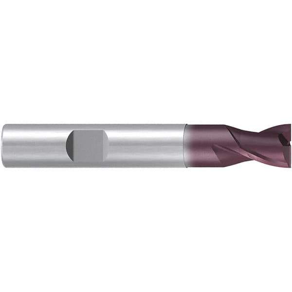 Emuge - 9mm Diam, 10mm LOC, 2 Flute Solid Carbide Roughing & Finishing End Mill - TiAlN Finish, 66mm OAL, 10mm Shank Diam, Weldon Shank, 38° Helix, Centercutting, Stub Length - Exact Tool & Supply