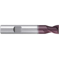 Emuge - 9mm Diam, 10mm LOC, 2 Flute Solid Carbide Roughing & Finishing End Mill - TiAlN Finish, 66mm OAL, 10mm Shank Diam, Weldon Shank, 38° Helix, Centercutting, Stub Length - Exact Tool & Supply