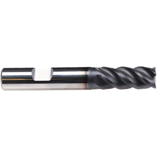Emuge - 5/16" Diam, 3/4" LOC, 4 Flute Solid Carbide Roughing & Finishing End Mill - TiAlN Finish, 2-1/2" OAL, 3/8" Shank Diam, Weldon Shank, 45° Helix, Centercutting, Long Length - Exact Tool & Supply